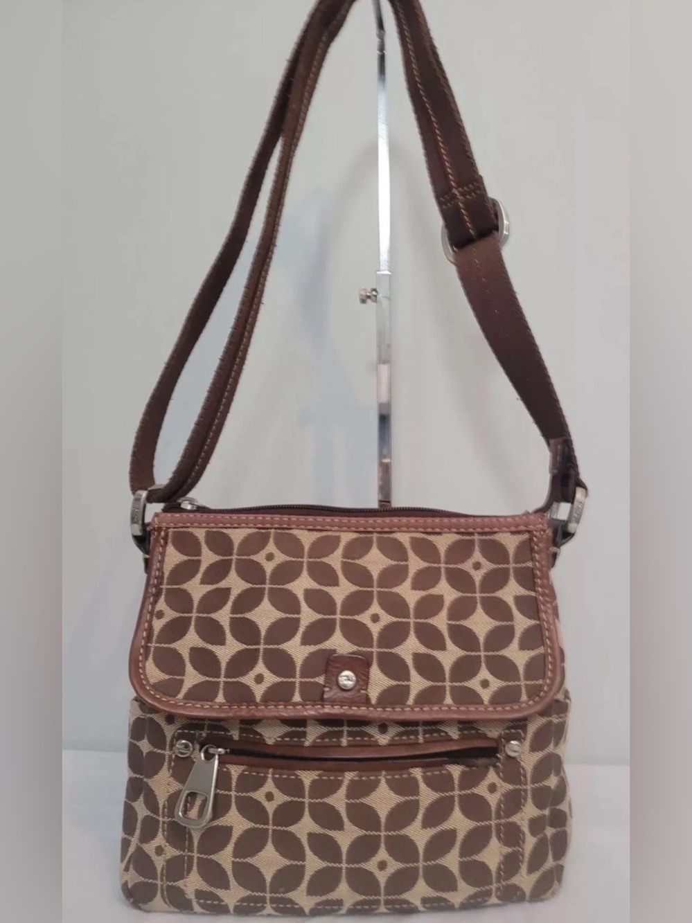 Fossil Canvas Crossbody Bag Leather Trim Brown Tan Shoulder Purse Geometric Y2K